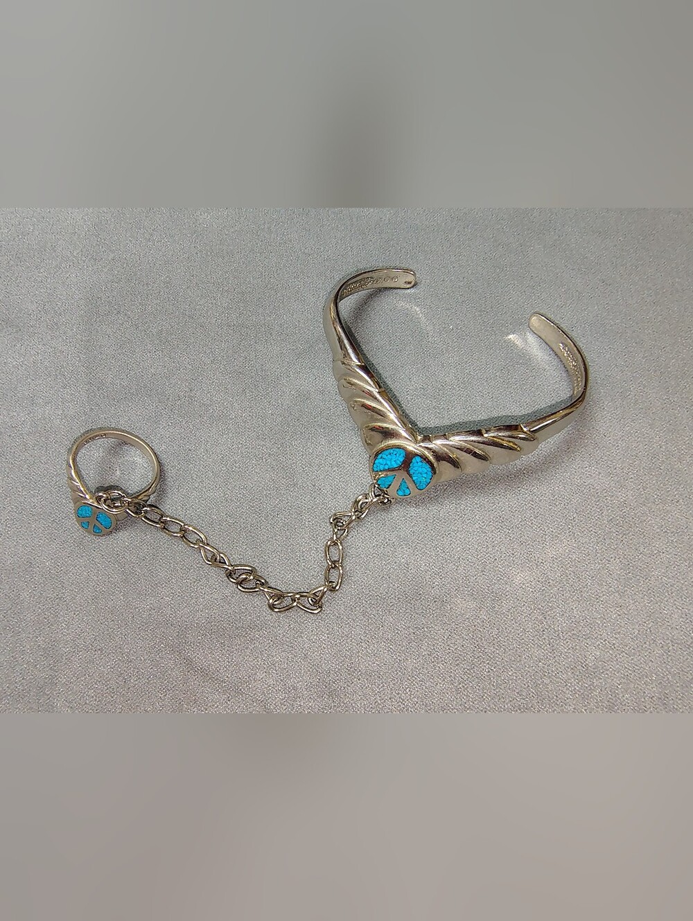 Silver Turquoise Peace Sign Slave Bracelet -